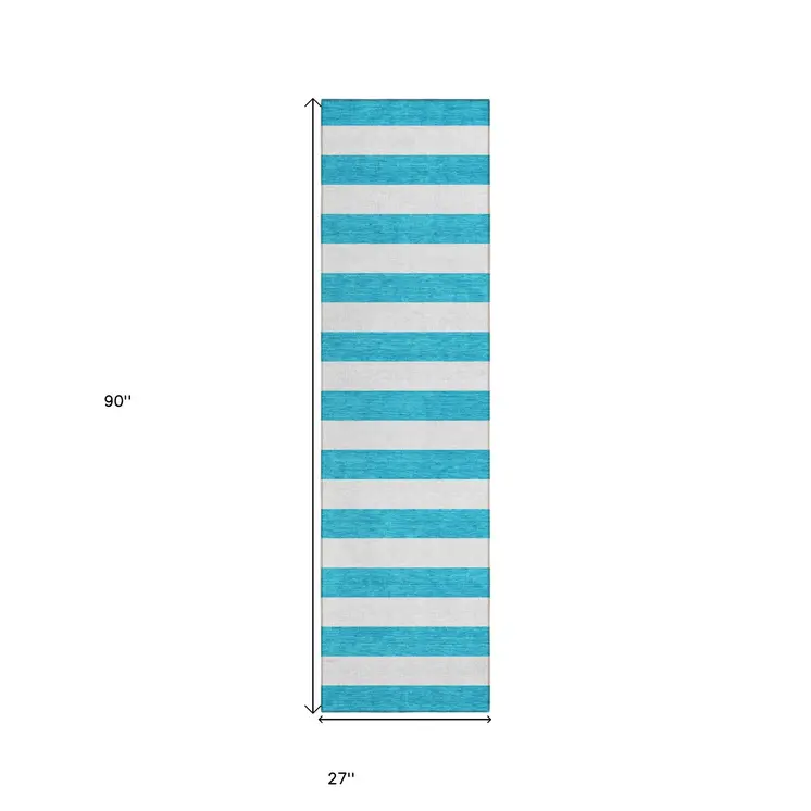 2' X 8' Teal and White Striped Washable Indoor Outdoor Runner Rug