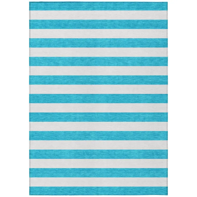 5' X 8' Teal and White Striped Washable Indoor Outdoor Area Rug