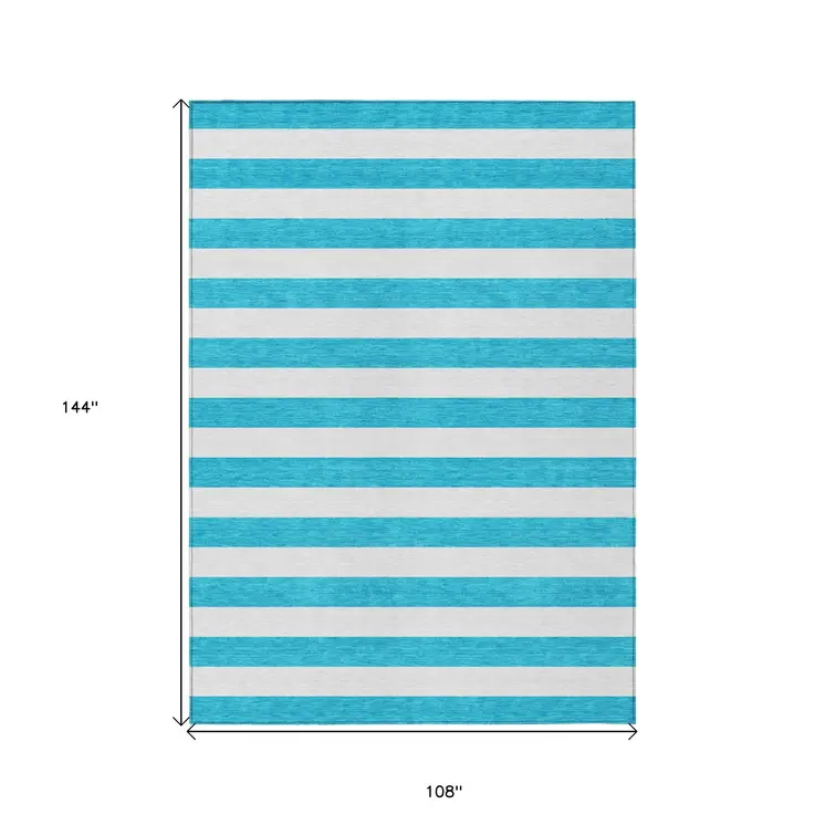 9' X 12' Teal and White Striped Washable Indoor Outdoor Area Rug