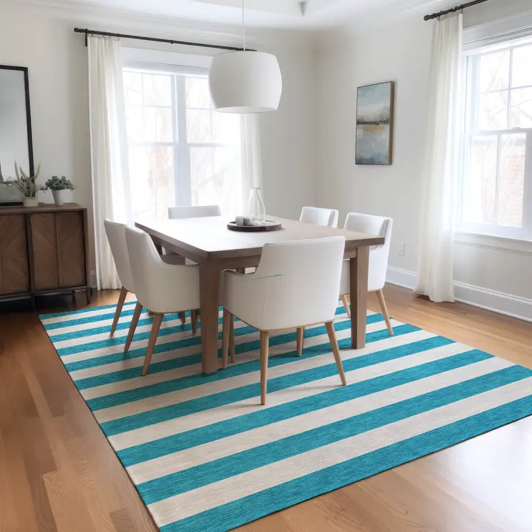 9' X 12' Teal and White Striped Washable Indoor Outdoor Area Rug