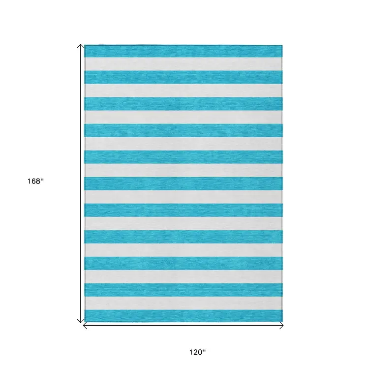 10' X 14' Teal and White Striped Washable Indoor Outdoor Area Rug