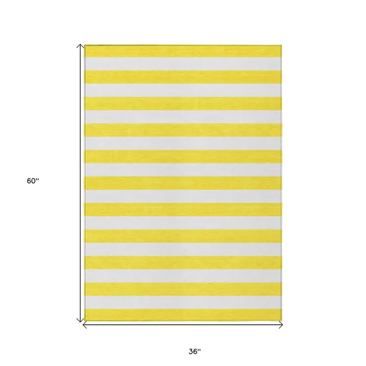 3' X 5' Yellow and White Striped Washable Indoor Outdoor Area Rug