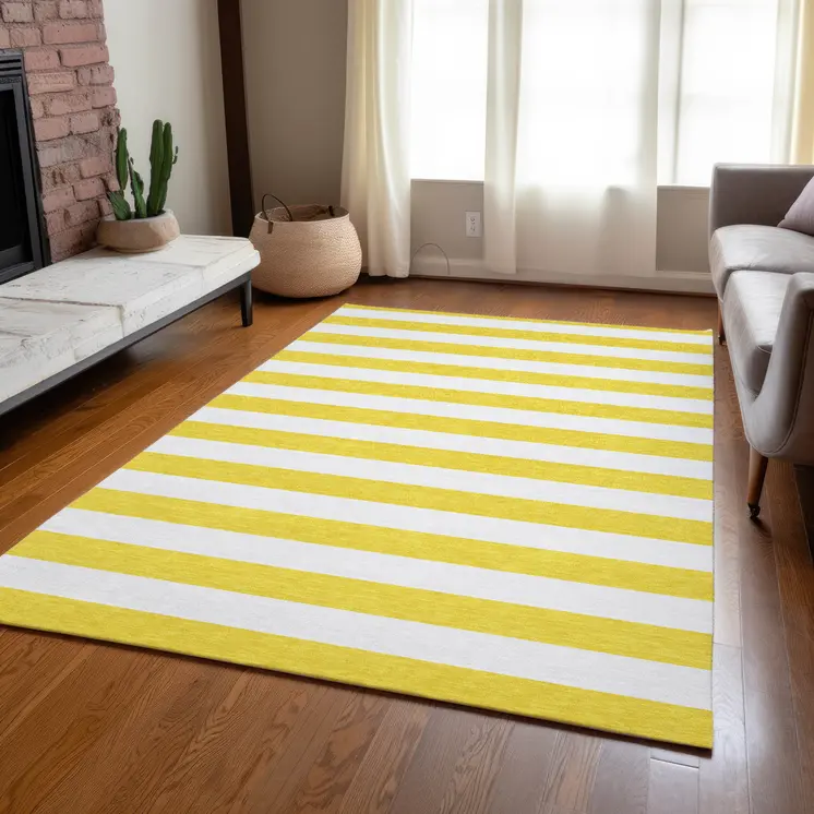3' X 5' Yellow and White Striped Washable Indoor Outdoor Area Rug