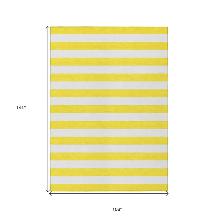 9' X 12' Yellow and White Striped Washable Indoor Outdoor Area Rug