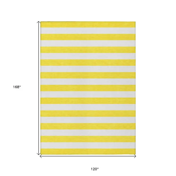 10' X 14' Yellow and White Striped Washable Indoor Outdoor Area Rug