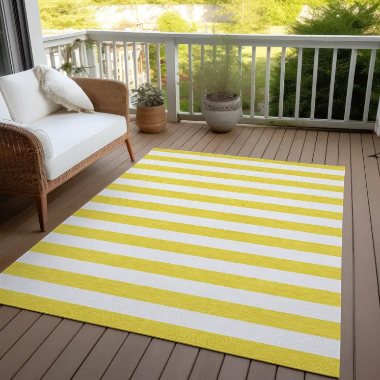 10' X 14' Yellow and White Striped Washable Indoor Outdoor Area Rug