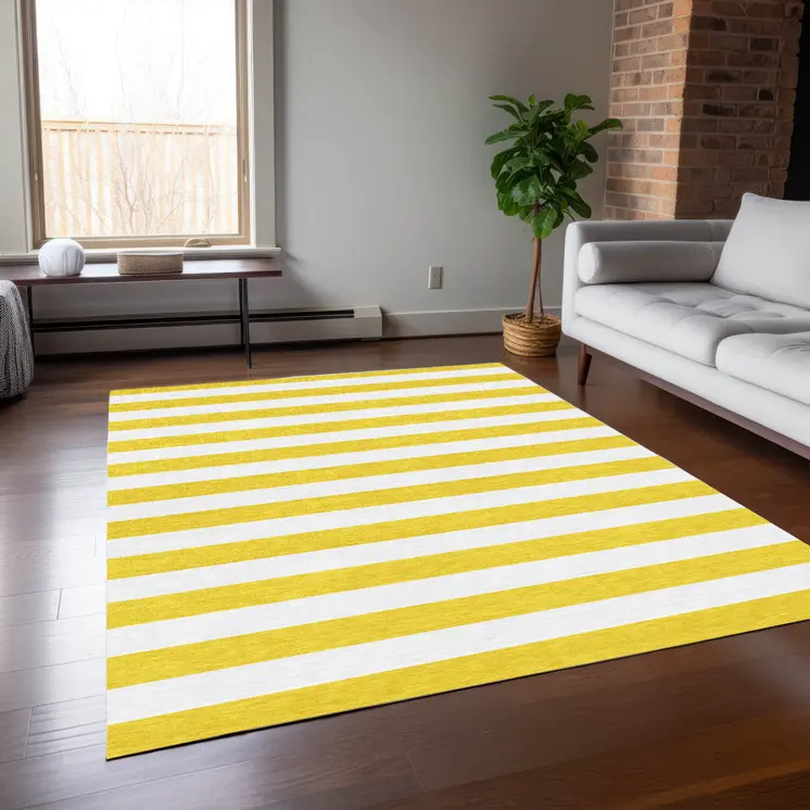 10' X 14' Yellow and White Striped Washable Indoor Outdoor Area Rug