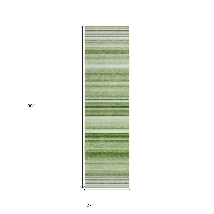 2' X 8' Artichoke Green Striped Washable Indoor Outdoor Runner Rug
