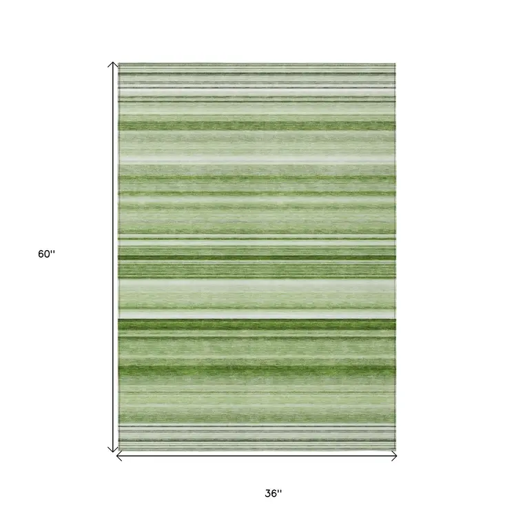 3' X 5' Artichoke Green Striped Washable Non Skid Indoor Outdoor Area Rug