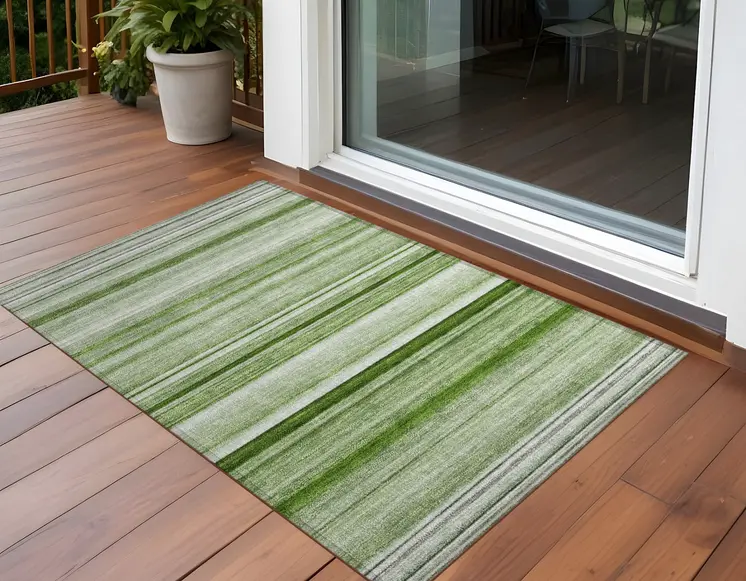 3' X 5' Artichoke Green Striped Washable Non Skid Indoor Outdoor Area Rug