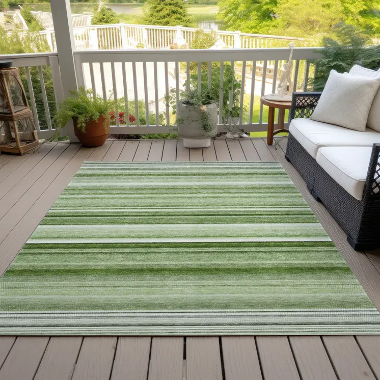 3' X 5' Artichoke Green Striped Washable Non Skid Indoor Outdoor Area Rug
