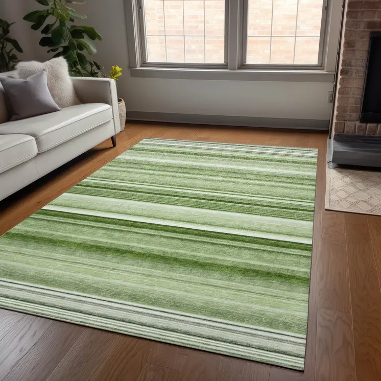 3' X 5' Artichoke Green Striped Washable Non Skid Indoor Outdoor Area Rug