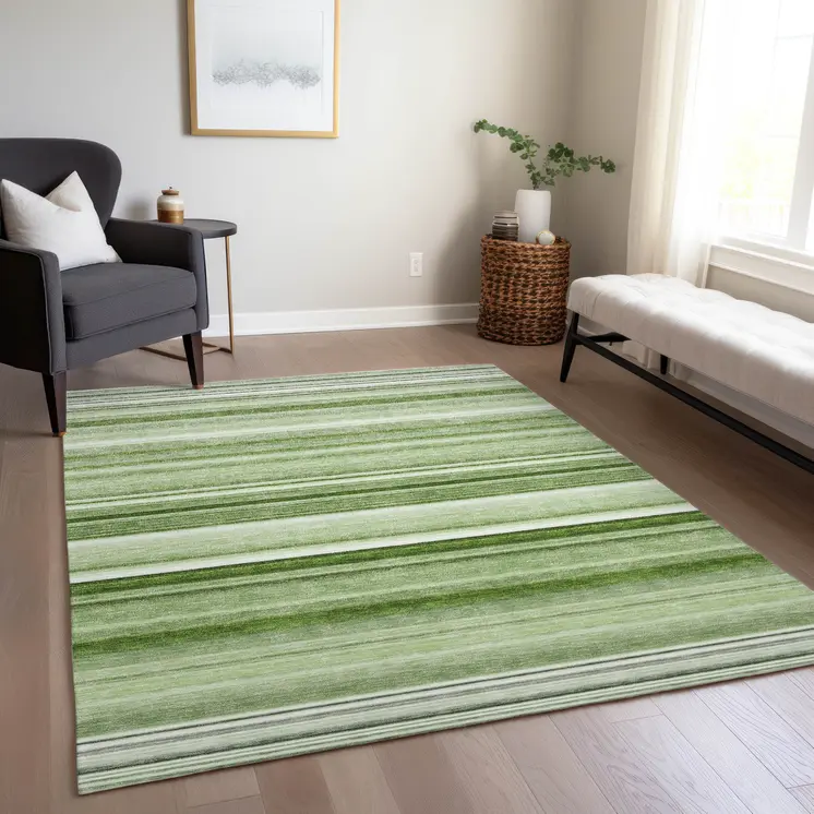 3' X 5' Artichoke Green Striped Washable Non Skid Indoor Outdoor Area Rug