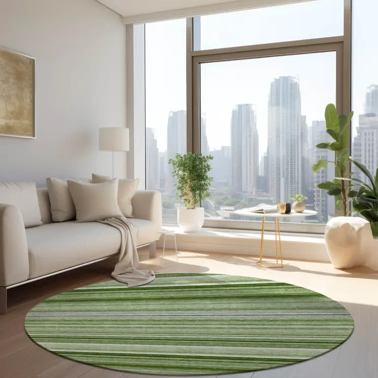8' X 8' Artichoke Green Round Striped Washable Indoor Outdoor Area Rug