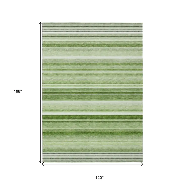 10' X 14' Artichoke Green Striped Washable Indoor Outdoor Area Rug