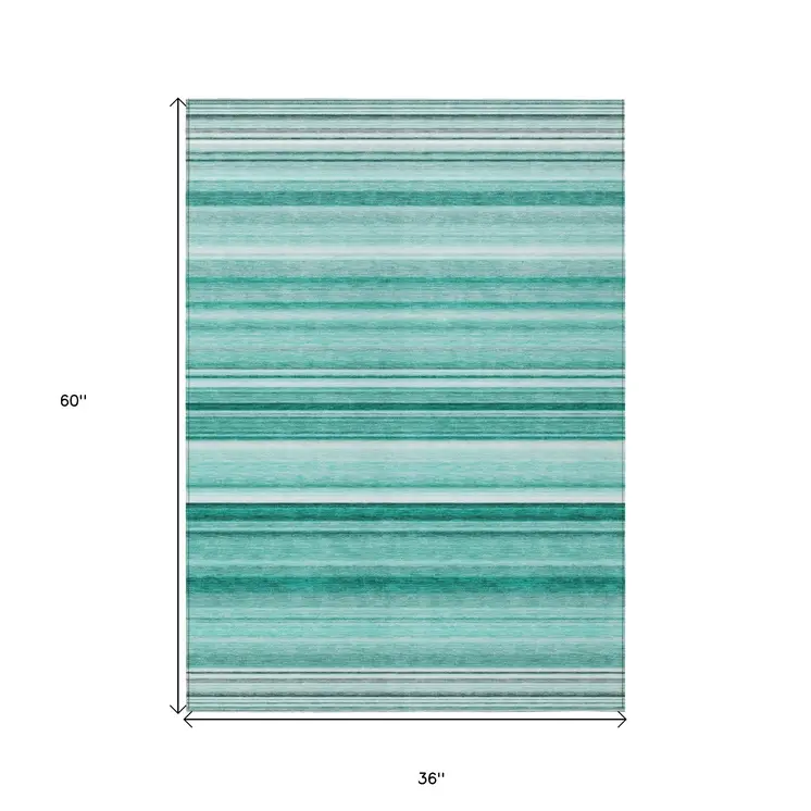 3' X 5' Aqua Striped Washable Indoor Outdoor Area Rug
