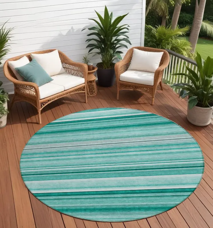 8' X 8' Aqua Round Striped Washable Indoor Outdoor Area Rug