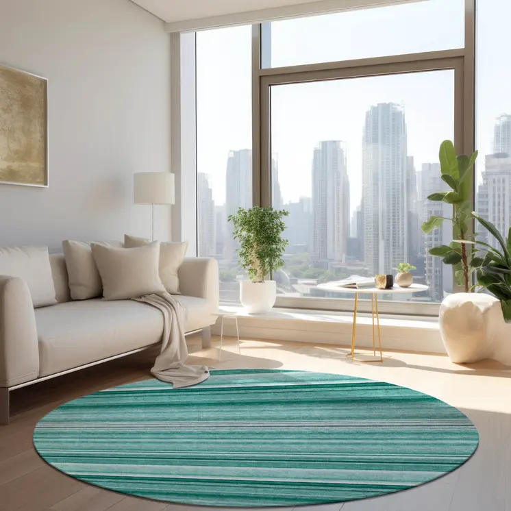 8' X 8' Aqua Round Striped Washable Indoor Outdoor Area Rug