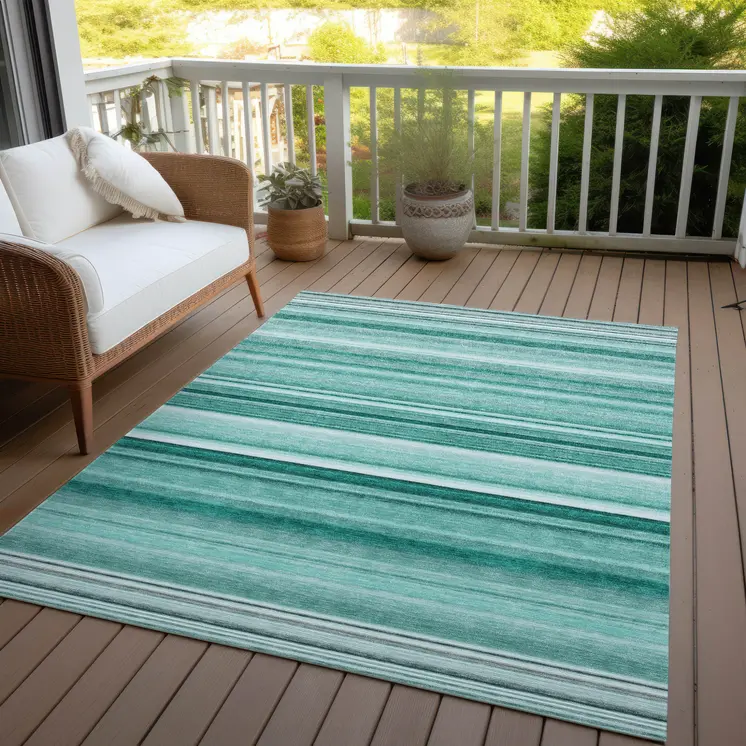 8' X 10' Aqua Striped Washable Indoor Outdoor Area Rug