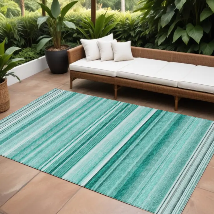 10' X 14' Aqua Striped Washable Indoor Outdoor Area Rug