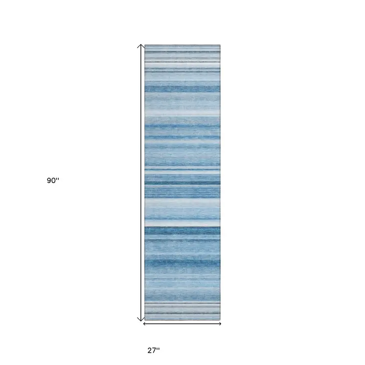 8' Runner Blue Striped Washable Non Skid Indoor Outdoor Runner Rug