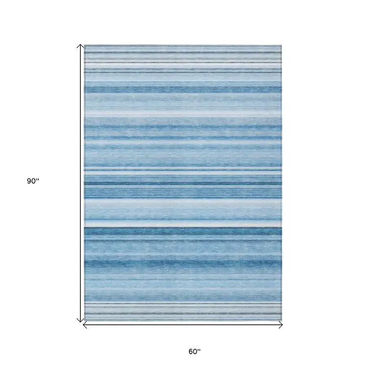 5' X 8' Blue Striped Washable Non Skid Indoor Outdoor Area Rug