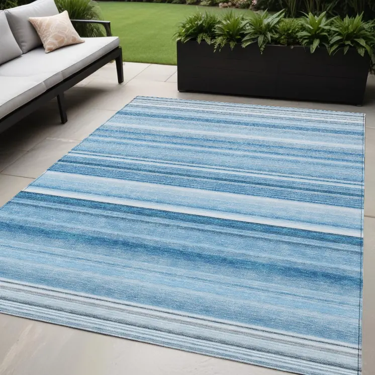 5' X 8' Blue Striped Washable Non Skid Indoor Outdoor Area Rug