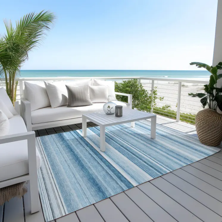 5' X 8' Blue Striped Washable Non Skid Indoor Outdoor Area Rug