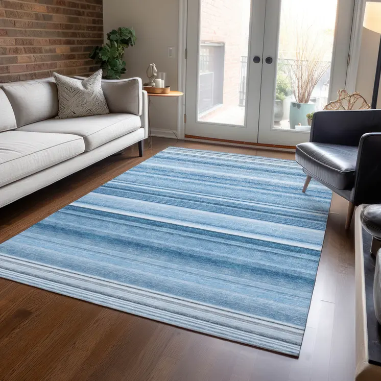 5' X 8' Blue Striped Washable Non Skid Indoor Outdoor Area Rug