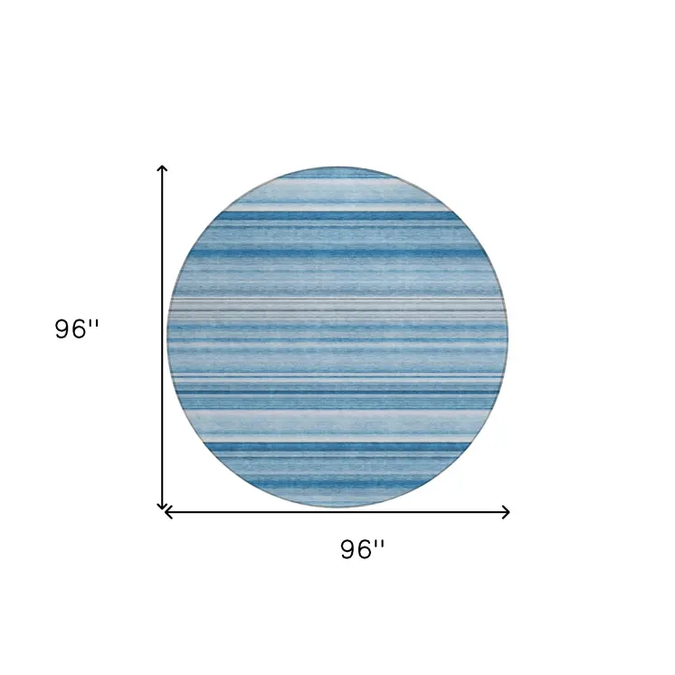 8' Round Blue Round Striped Washable Non Skid Indoor Outdoor Area Rug