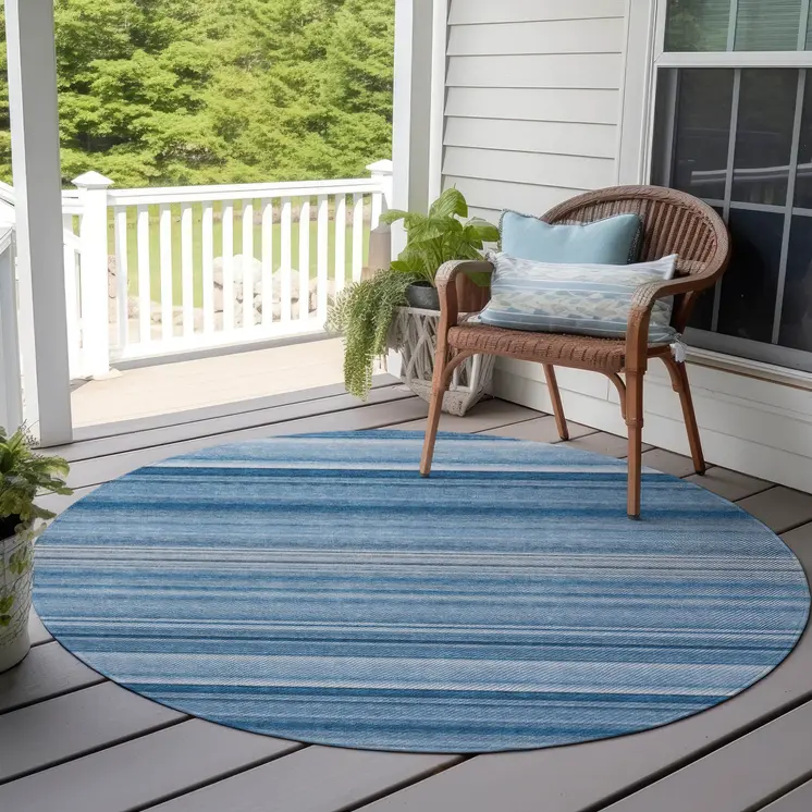 8' Round Blue Round Striped Washable Non Skid Indoor Outdoor Area Rug