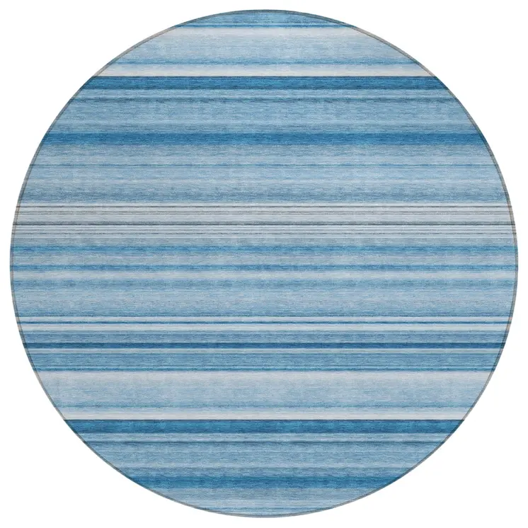 8' Round Blue Round Striped Washable Non Skid Indoor Outdoor Area Rug