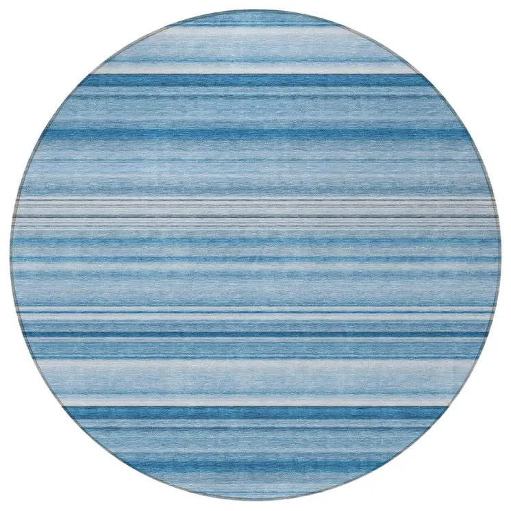 8' Round Blue Round Striped Washable Non Skid Indoor Outdoor Area Rug