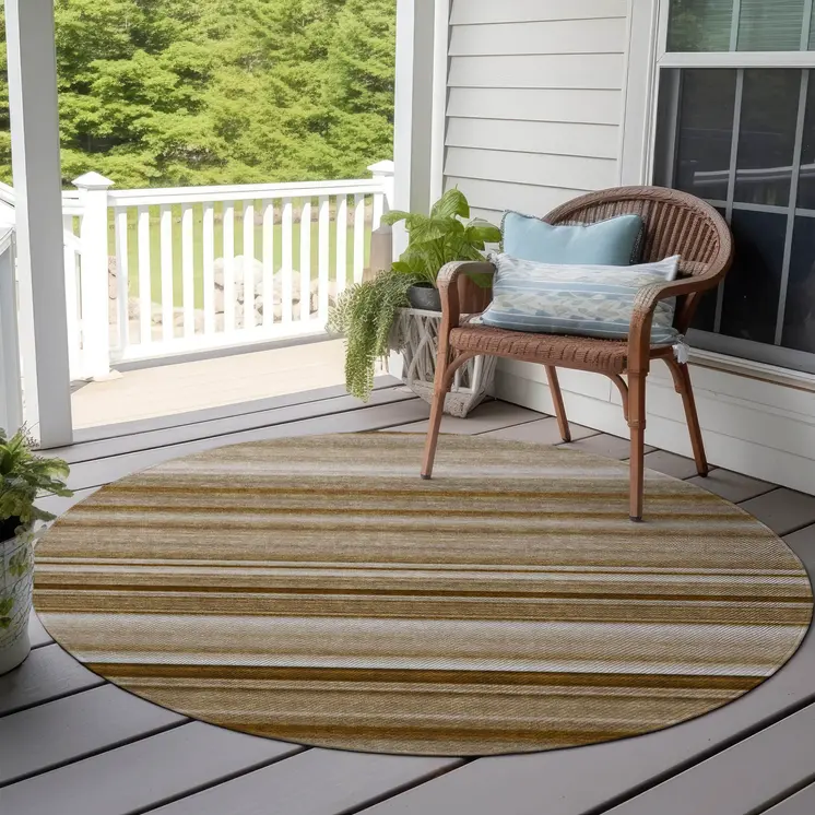 8' Round Chocolate Round Striped Washable Non Skid Indoor Outdoor Area Rug