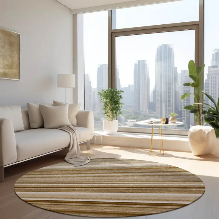 8' Round Chocolate Round Striped Washable Non Skid Indoor Outdoor Area Rug