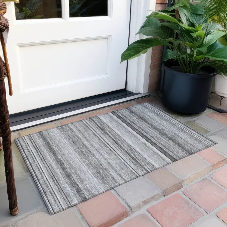2' X 3' Gray Striped Washable Non Skid Indoor Outdoor Area Rug