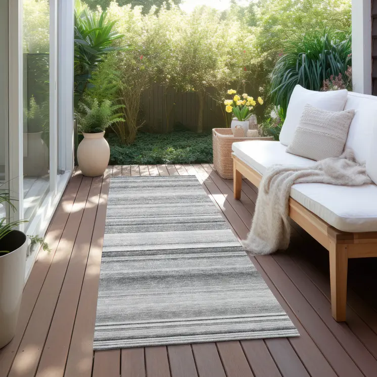 8' Runner Gray Striped Washable Non Skid Indoor Outdoor Runner Rug