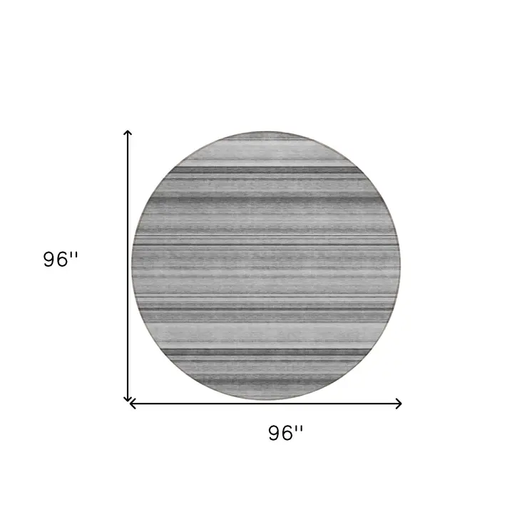 8' Round Gray Round Striped Washable Non Skid Indoor Outdoor Area Rug
