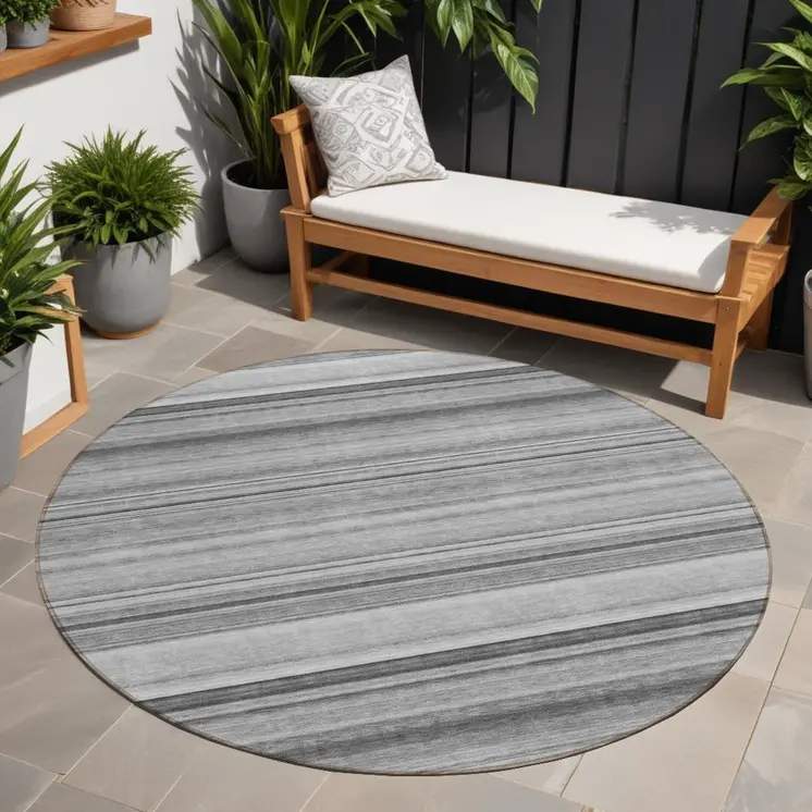 8' Round Gray Round Striped Washable Non Skid Indoor Outdoor Area Rug