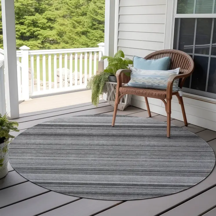 8' Round Gray Round Striped Washable Non Skid Indoor Outdoor Area Rug