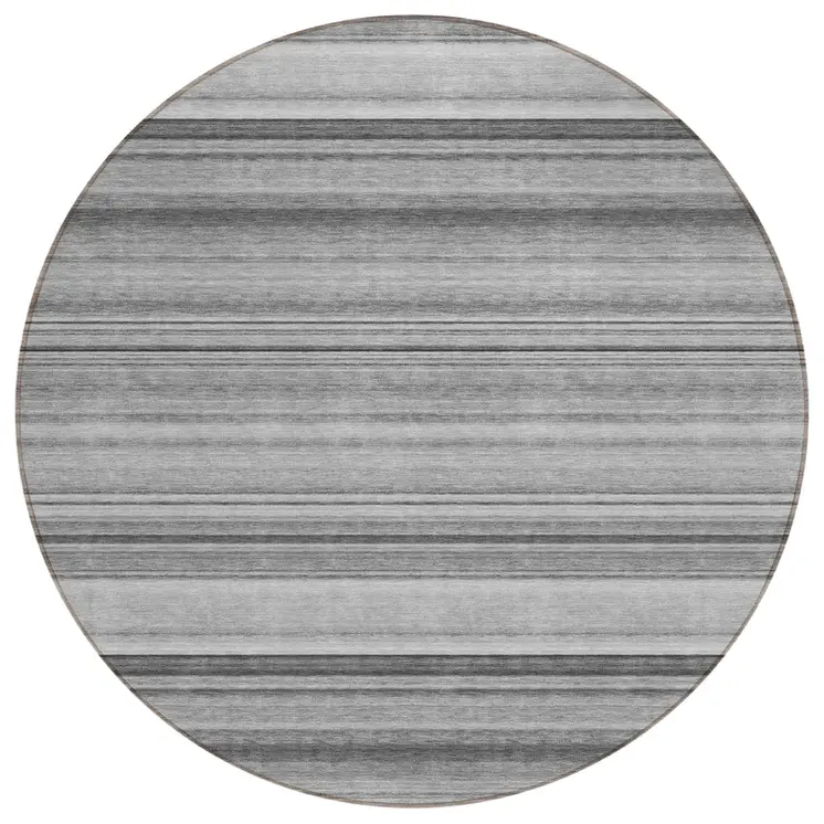 8' Round Gray Round Striped Washable Non Skid Indoor Outdoor Area Rug