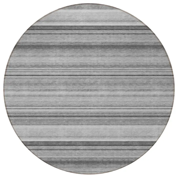 8' Round Gray Round Striped Washable Non Skid Indoor Outdoor Area Rug