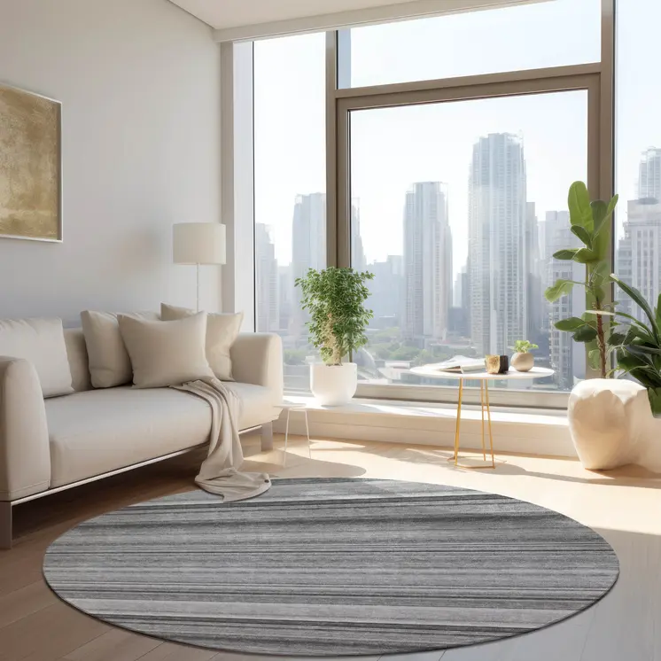 8' Round Gray Round Striped Washable Non Skid Indoor Outdoor Area Rug