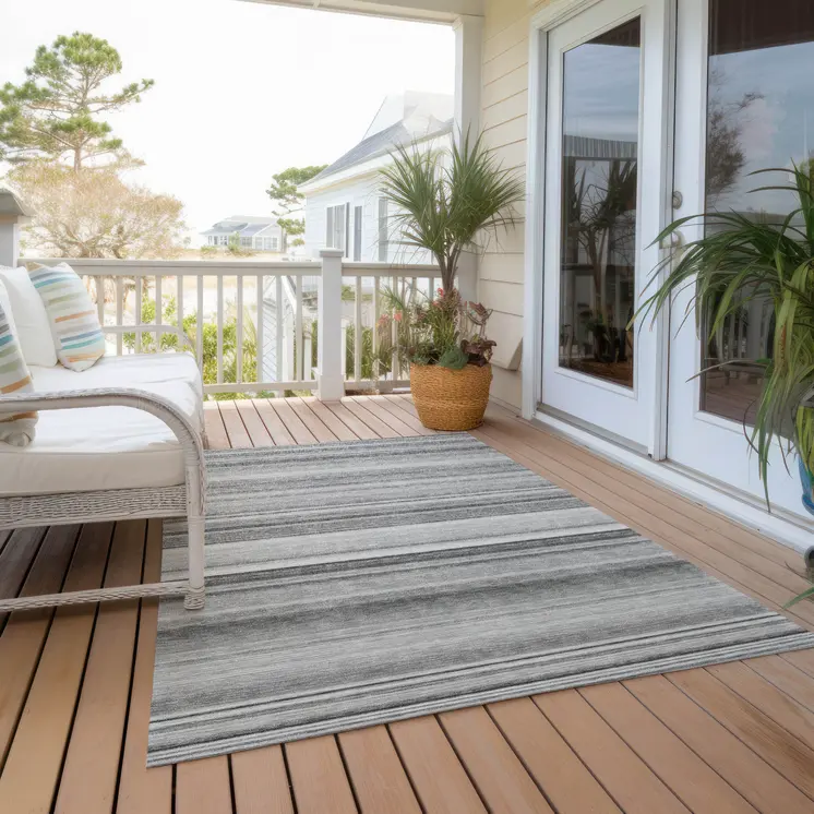 8' X 10' Gray Striped Washable Non Skid Indoor Outdoor Area Rug