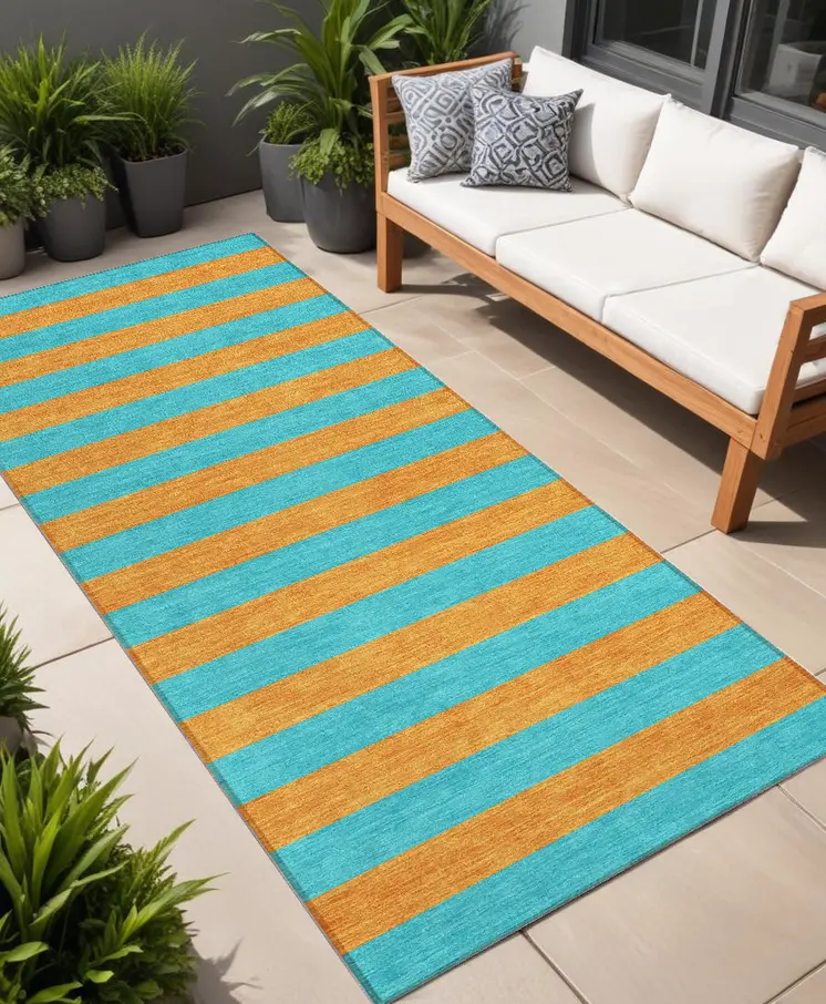 8' Runner Aqua Striped Washable Non Skid Indoor Outdoor Runner Rug