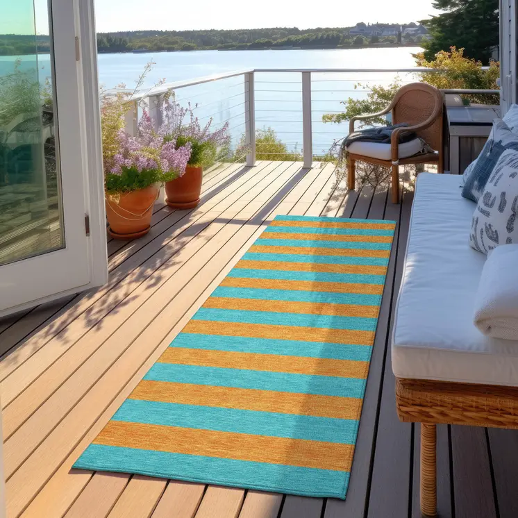 8' Runner Aqua Striped Washable Non Skid Indoor Outdoor Runner Rug