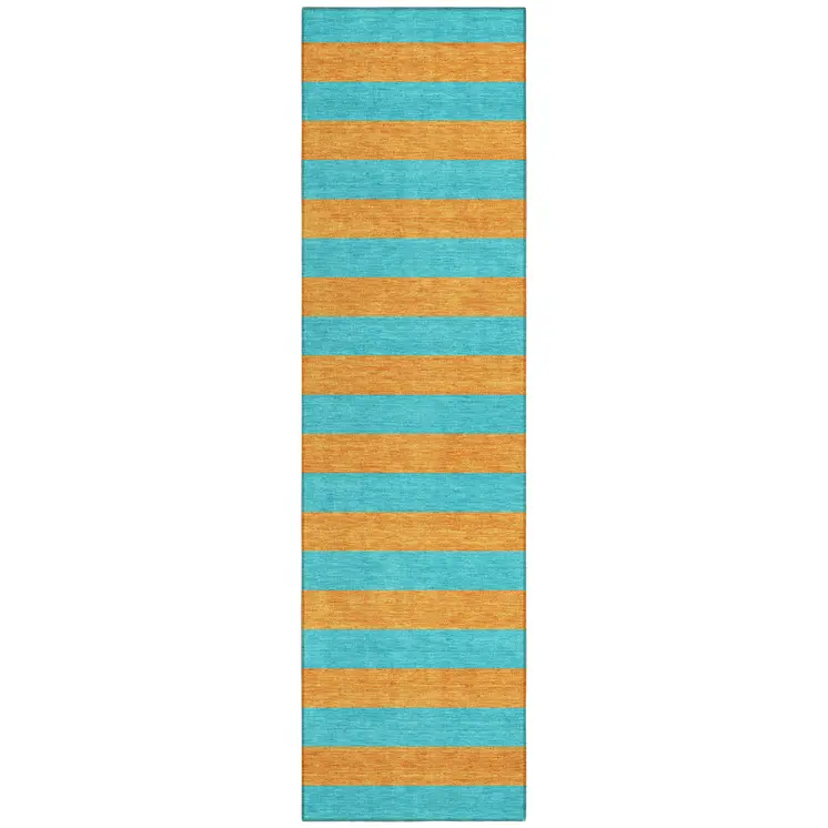 8' Runner Aqua Striped Washable Non Skid Indoor Outdoor Runner Rug