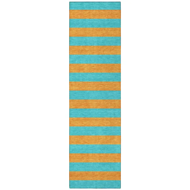 8' Runner Aqua Striped Washable Non Skid Indoor Outdoor Runner Rug