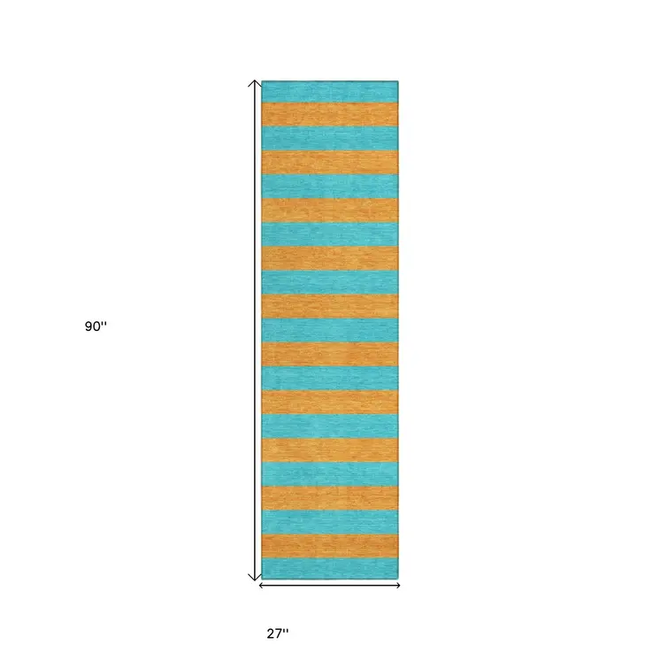 8' Runner Aqua Striped Washable Non Skid Indoor Outdoor Runner Rug