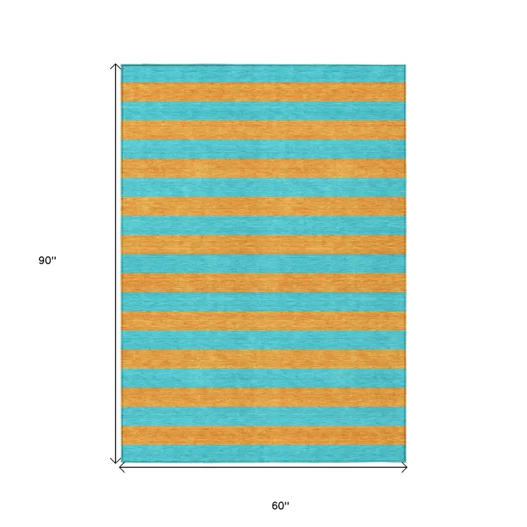 5' X 8' Aqua Striped Washable Non Skid Indoor Outdoor Area Rug